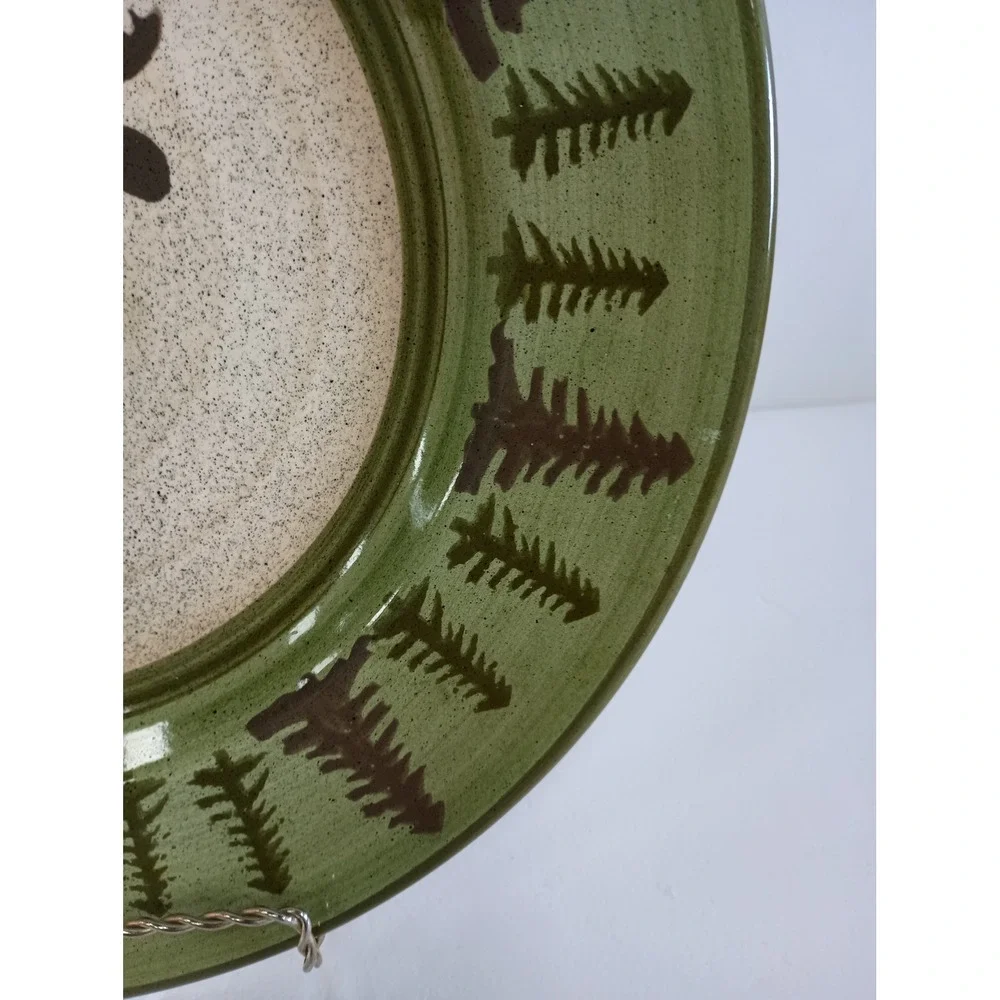 Vintage Libbey Green Moose Pine Tree Large Decorative Plate Cabin Lodge Rustic